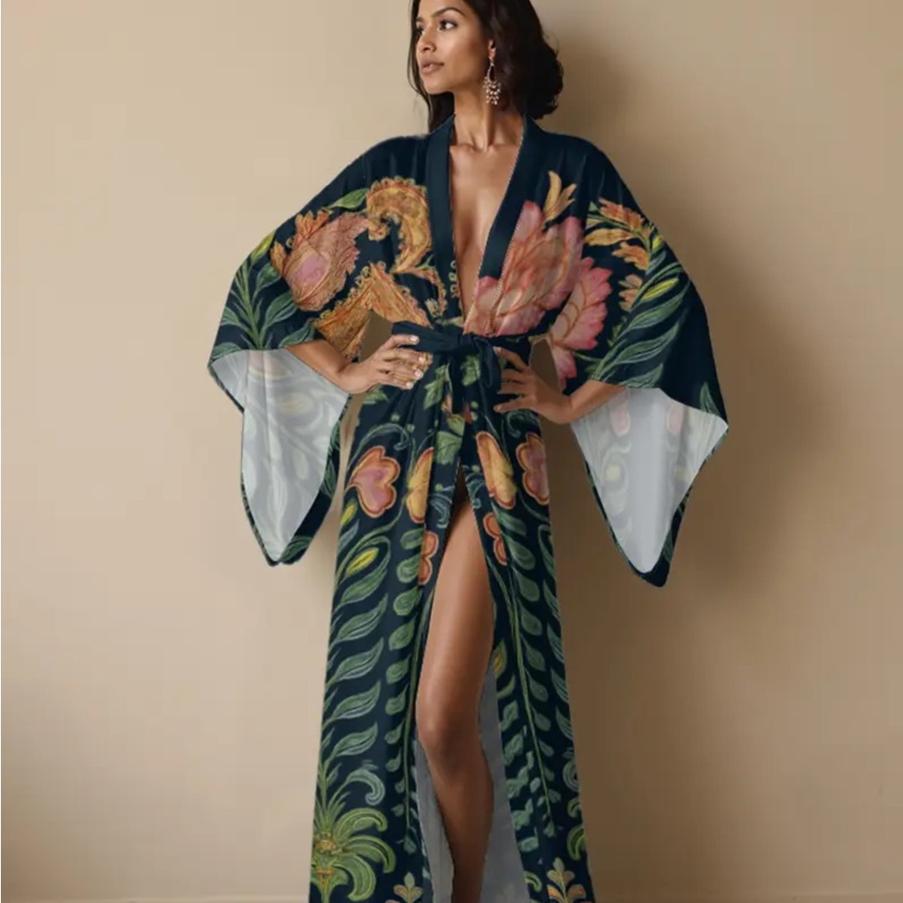Bohemian Floral Kimono Maxi Dress - Black with Pink & Green - Picture 6 of 9